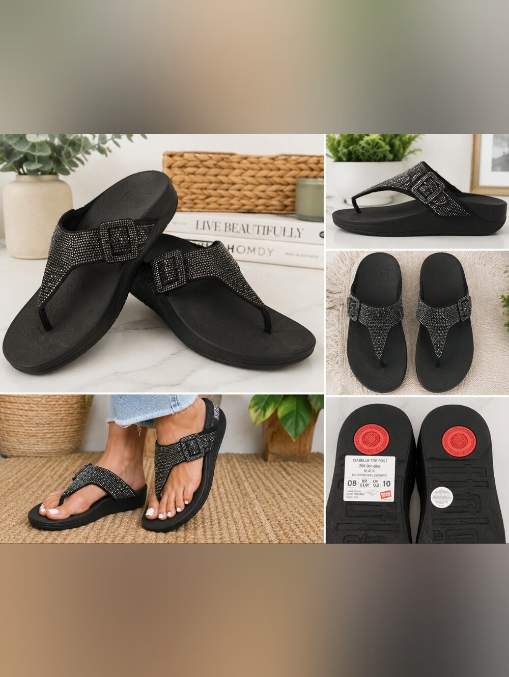 FitFlop Isabelle Toe Post Crystal Rhinestone Sandals Black US 10
